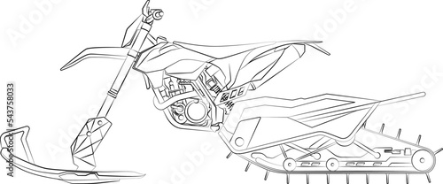 Motocross Snowmobile, Motocross Snowbiking Snowbike, snow scooter snowmachine winter sport vehicle. sketch drawing, contour lines drawn