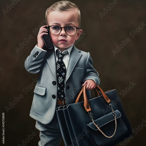 Young Businessman Baby Toddler Boy Wearing Glasses, Suit, and Tie Holding a Phone and Briefcase | Business Bring Your Child to Work Day Concept | Midjourney Ai Generated