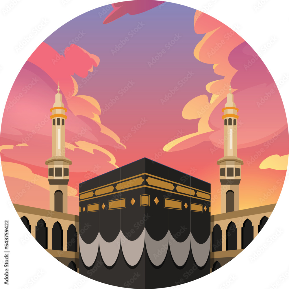 Vector illustration of The Kabah in Masjidil Haram with sunset sky view ...