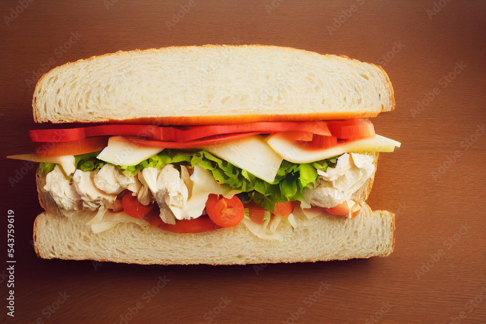 Closeup of a sandwich with assorted organic vegetables on a wooden table. Closeup of a sandwich with assorted organic vegetables on a wooden table.
