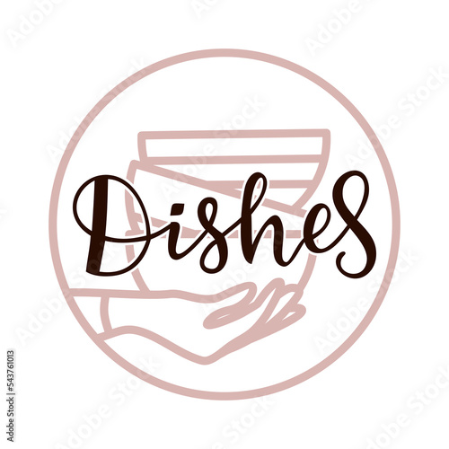 Vector illustration with female hand and ceramic utensils. Craft ceramic dishes. Plates, cups, mugs. Manufacturing of ceramic dishes. Handmade pottery.	