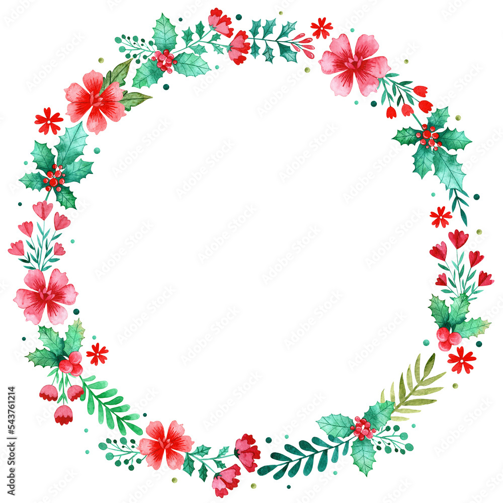 Watercolor Christmas Wreath with Holly, Pine Needles, Red Berries and Red Flowers