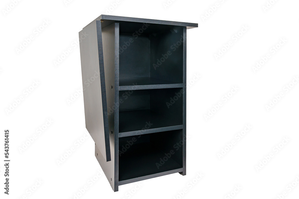 Table transformer on a white isolated background in the folded state. Folding black furniture Table transformer on a white isolated background in the folded state. Folding black furniture