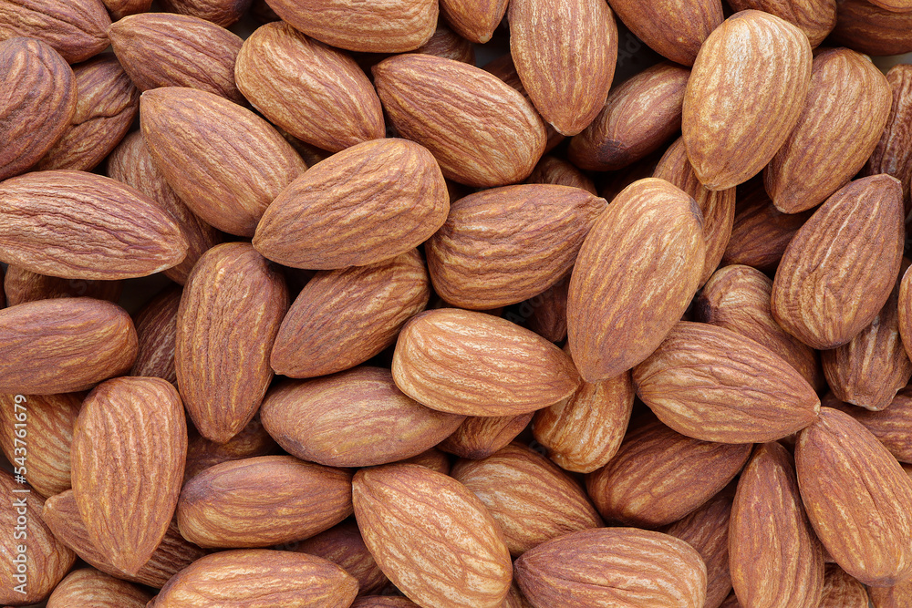 Close up of Peeled almond nuts. Almond full macro shoot nuts as a background. Top view Close up of Peeled almond nuts. Almond full macro shoot nuts as a background. Top view