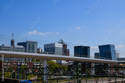 Beautiful modern buildings in city street. Urban architecture