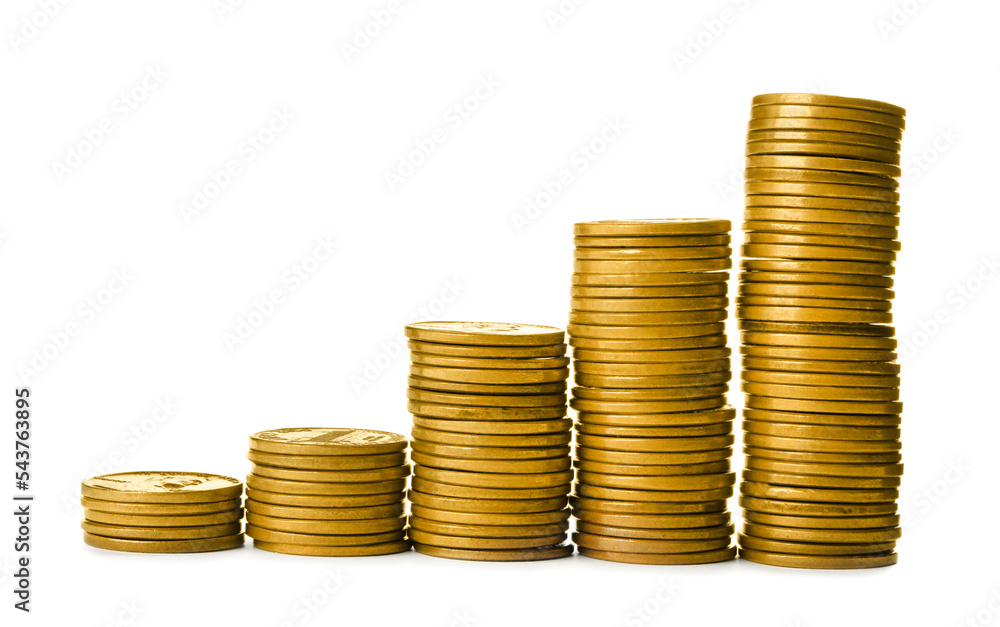 Many stacks of coins on white background Many stacks of coins on white background