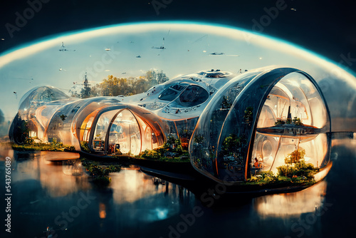 Leinwand Poster Space expansion concept of human settlement in alien world with green plant as proof of life in space