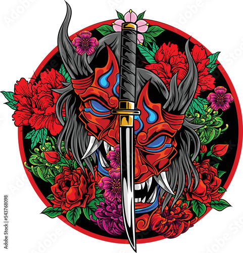 Vector illustration of japanese oni mask and flowers