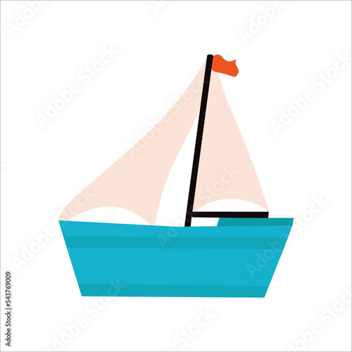Blue boat with red flag on white background