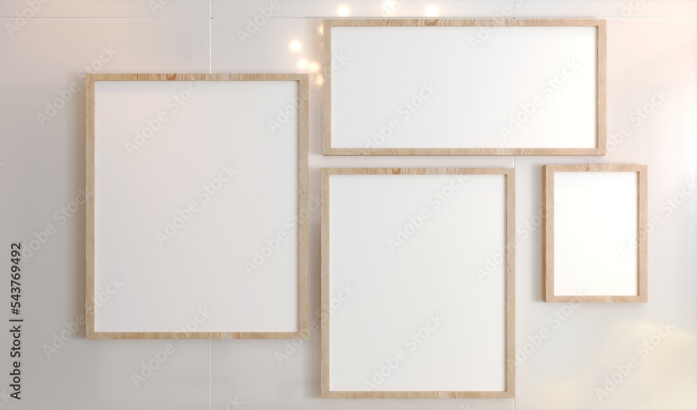 Wood frames collection, four blank frameworks set isolated on white wall, interior decor mock up. Wood frames collection, four blank frameworks set isolated on white wall, interior decor mock up.