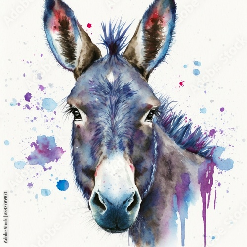 Fotografia, Obraz portrait of a donkey in colourful watercolour, wall art, generated image