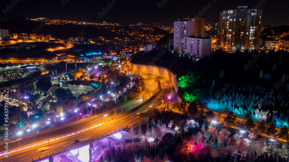 Aerial view of Night Ankara in Highway.4K UHD aerial video.