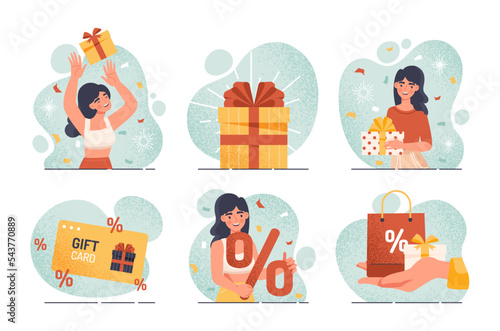 Bonus cards and gifts. Collection of advertising posters and banners for website, modern marketing methods, special offer and promotion. Cartoon flat vector illustrations isolated on white background