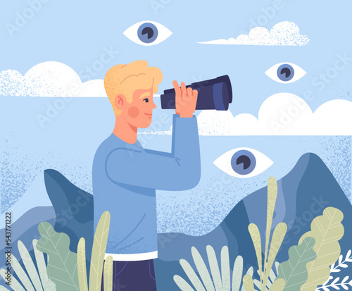 Boost and development. Man looks through binoculars at hills. Metaphor for goal setting, planning and motivation. Successful entrepreneur and investor concept. Cartoon flat vector illustration