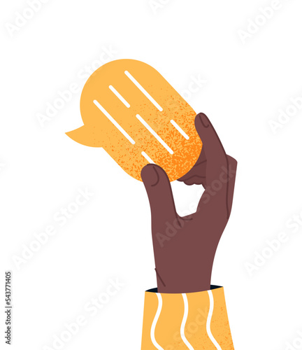 Hand with bubble speech. Poster or banner, modern technology and digital world. Remote communication and interaction on Internet. Correspondence and message. Cartoon flat vector illustration