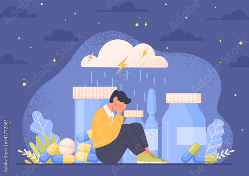 Depression and treatment. Man sits under cloud, covering face with his hands. Young guy alone and depressed, frustration. Emotions, facial expressions and gestures. Cartoon flat vector illustration
