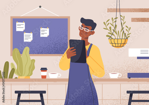 Employee in restaurant. Man in cafe with notepad. Small business owner, salesperson, bartender or waiter. Poster or banner for website. Young guy with glasses. Cartoon flat vector illustration