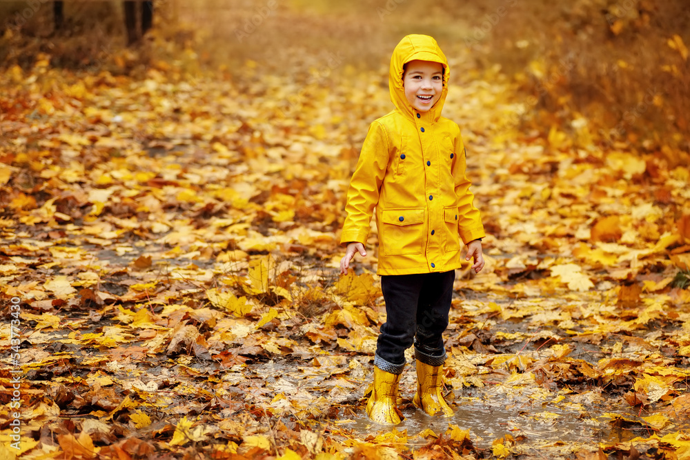 smiling child boy in yellow raincoat and rubber boots stand in puddle in autumn park smiling child boy in yellow raincoat and rubber boots stand in puddle in autumn park