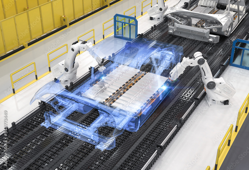 Robot assembly line with electric car battery cells module on platform ...