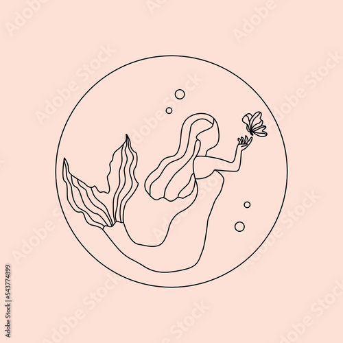 Logo design template Vector abstract mermaid with butterfly  in trendy linear minimal style.. Abstract symbol for organic products, beauty cosmetics, jewellery