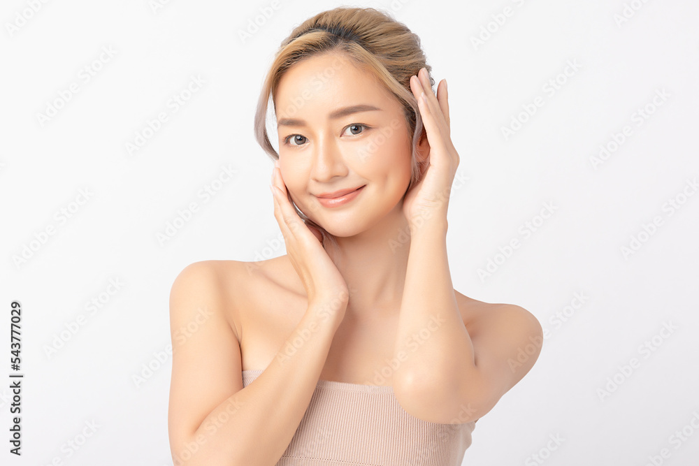 Happy beautiful young asian woman clean fresh bare skin concept. Asian girl beauty face skincare and health wellness, Facial treatment, Perfect skin, Natural make up. Isolated on white background. Happy beautiful young asian woman clean fresh bare skin concept. Asian girl beauty face skincare and health wellness, Facial treatment, Perfect skin, Natural make up. Isolated on white background.