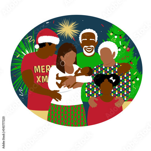 Happy african american family celebrate christmas holidays. New year and merry christmas party at home. Grandfather, grandmother together with children. Fireworks,  tree background.