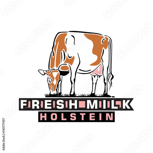 RED HOLSTEIN MILK COW, silhouette of greaet dairy cow eating grass vvector illustrations