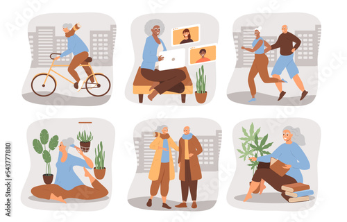 vector illustration in flat style. a set of pictures on the theme of active and happy old age