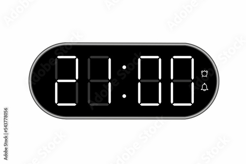Vector flat illustration of a digital clock displaying 21.00 . Illustration of alarm with digital number design. Clock icon for hour, watch, alarm signs.