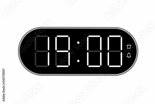 Vector flat illustration of a digital clock displaying 19.00 . Illustration of alarm with digital number design. Clock icon for hour, watch, alarm signs.