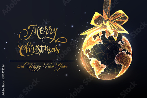 Merry Christmas World gold greeting card with planet Earth globe hanging Christmas ornament bauble