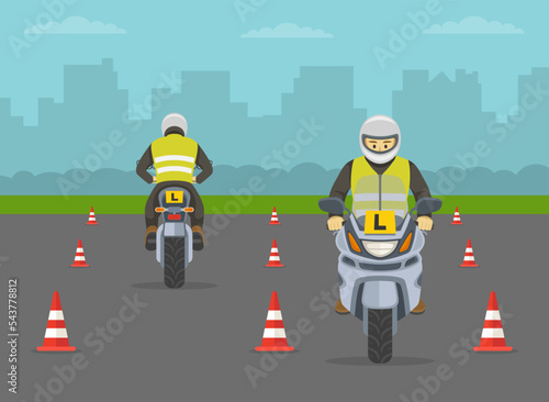 Motorcycle driving practice. Learner motorcyclists practising to ride a moto. Back and front view of a learner bikers on test road with red cones. Flat vector illustration template.