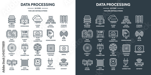 Cloud computing and internet technology, database remote access. Web hosting, online services data protection. Information security, data sharing and backup. Thin line icons set. Vector illustration