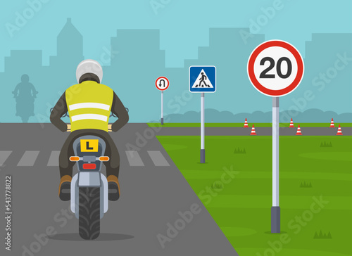 Motorcycle driving practice. Learner motorcyclist practising to ride a moto. Back view of a student biker on test road with traffic signs. Flat vector illustration template.