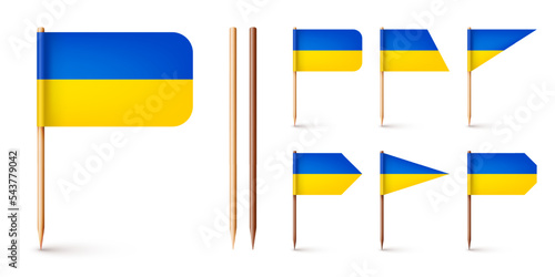 Realistic various Ukrainian toothpick flags. Souvenir from Ukraine. Wooden toothpicks with paper flag. Location mark, map pointer. Blank mockup for advertising and promotions. Vector illustration