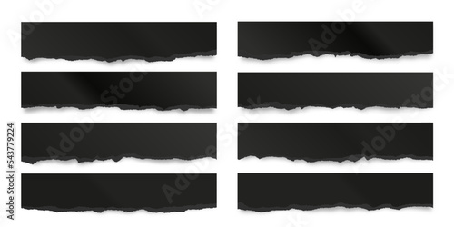 Ripped black paper strips isolated on white background. Realistic crumpled paper scraps with torn edges. Shreds of notebook pages. Vector illustration.