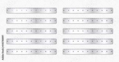Realistic various shiny metal rulers with measurement scale and divisions, measure marks. School ruler, inch scale for length measuring. Office supplies. Vector illustration