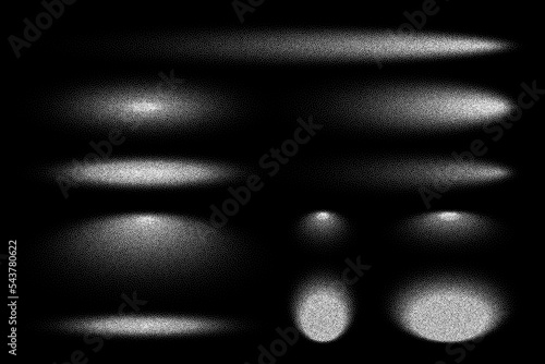 Stipple shadows set, dotted design elements. Fading gradient. Stippling, dotwork drawing, shading using dots. Pixel disintegration, halftone effect. White noise grainy texture. Vector illustration