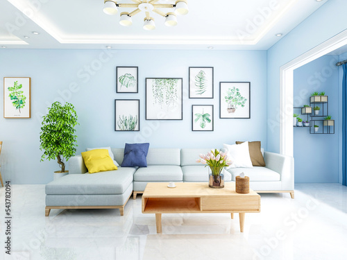 Interior design of modern residential living room, 3d rendering