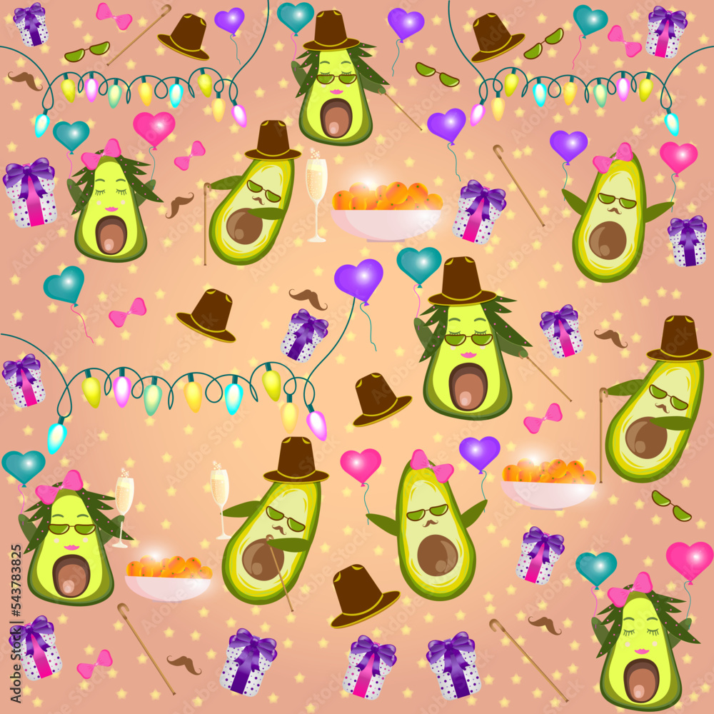 Avocado girl and avocado gentleman pattern with a bows, glasses, gift boxes, canes, hats, glasses of champagne, tangerines and heart shaped balloons on a beige starry background Avocado girl and avocado gentleman pattern with a bows, glasses, gift boxes, canes, hats, glasses of champagne, tangerines and heart shaped balloons on a beige starry background