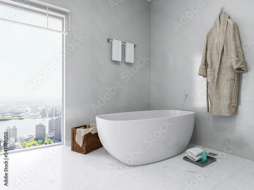 Bathroom interior design with bathtub and toilet, 3D rendering