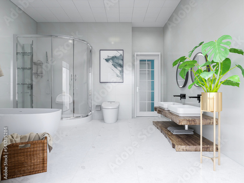 Bathroom interior design with bathtub and toilet, 3D rendering