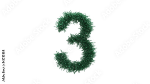 Number 3 from Christmas tree twigs on transparent background. Christmas alphabet. Numbers from Christmas tree branches without decorations. 3d illustration