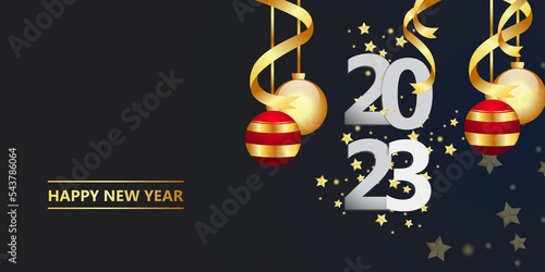 Happy new year 2023.golden Christmas decoration and confetti onbackground. Holiday greeting card design.