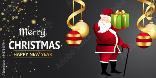 Merry Christmas and Happy New Year. Background with realistic festive Santa Claus and 3d gifts box. Xmas present. white with red ribbon gift surprise, Golden Christmas bauble