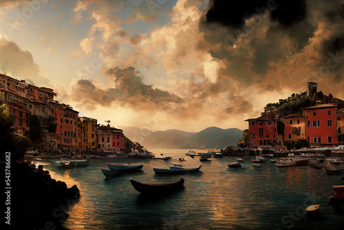 Fotografie, Obraz AI generated image of sunrise at Portofino - Italian fishing village in Liguria