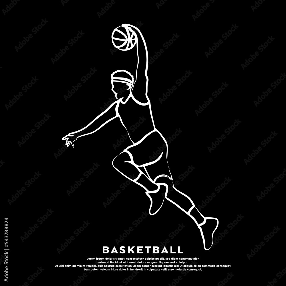 Line drawing of professional basketball player jumping slam dunk isolated on black background Line drawing of professional basketball player jumping slam dunk isolated on black background