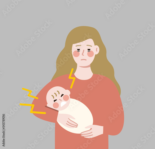 Depressed Mother holding crying newborn child. Motherhood, parenting, mental health, parenthood, depression, stress concepts. Flat cartoon people design vector isolated illustration.