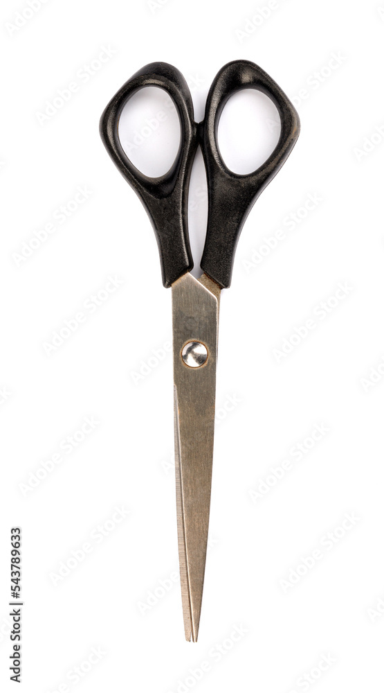 Metal scissors with plastic black handles isolated on white background. Metal scissors with plastic black handles isolated on white background.