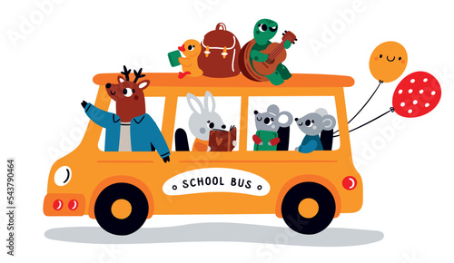 Yellow school bus with cute animals. Back to school illustration in cartoon style. Educational print for kids